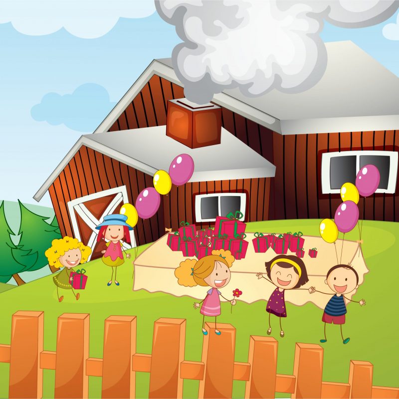 Illustration of kids having a party on a farm